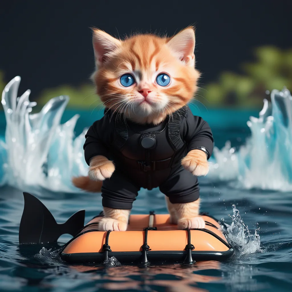 a cat riding a surf board in the water