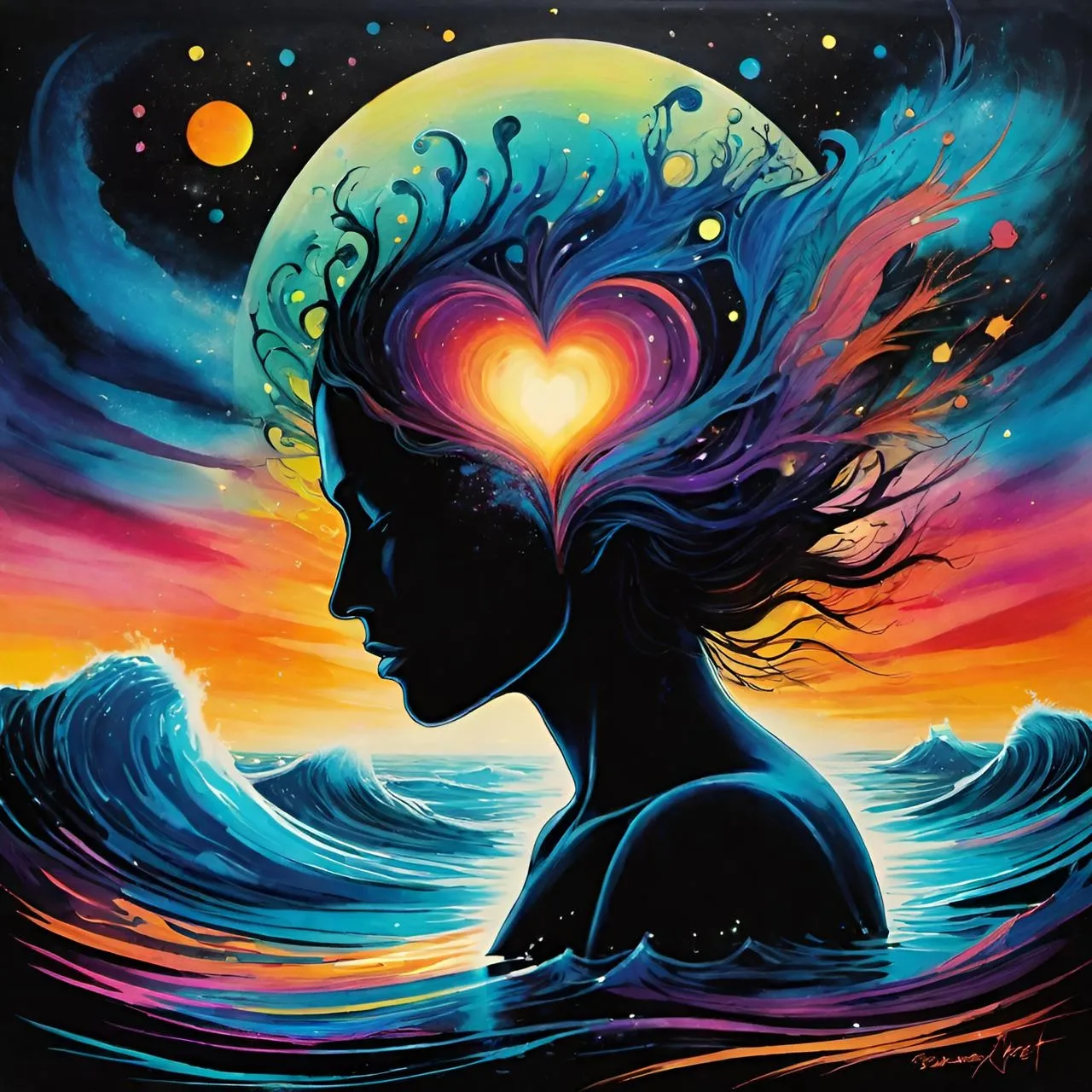 a painting of a woman with a heart in her hair