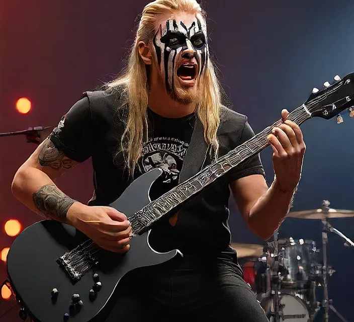 A man with face paint and a guitar sitting on a rock, a surreal canyon with echoes looming behind