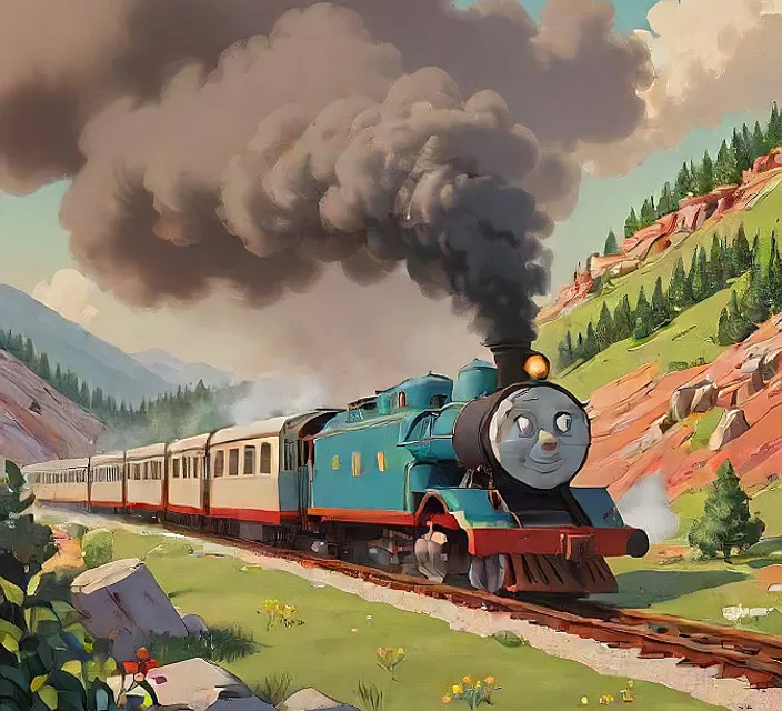 a painting of a train coming down the tracks