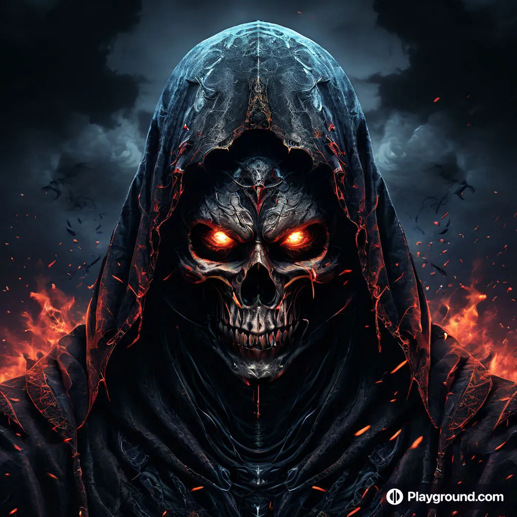 a demonic skull with glowing eyes and a hooded hood