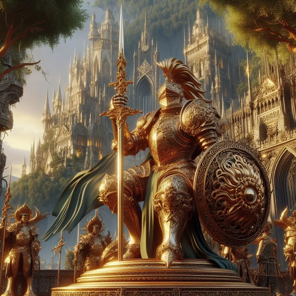 a golden statue of a knight holding a sword