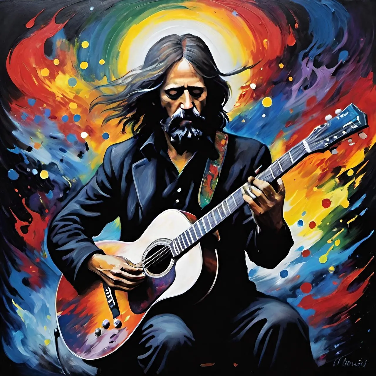 a painting of a man playing a guitar