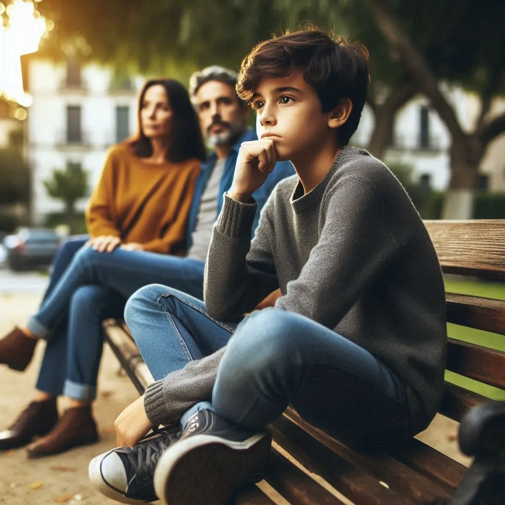 Quiet and reflective moments as the child sitting on a park bench with his parents nearby contemplates his journey and looks ahead with confidence.