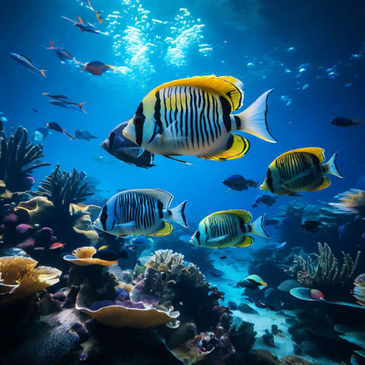 a large group of fish swimming over a coral reef