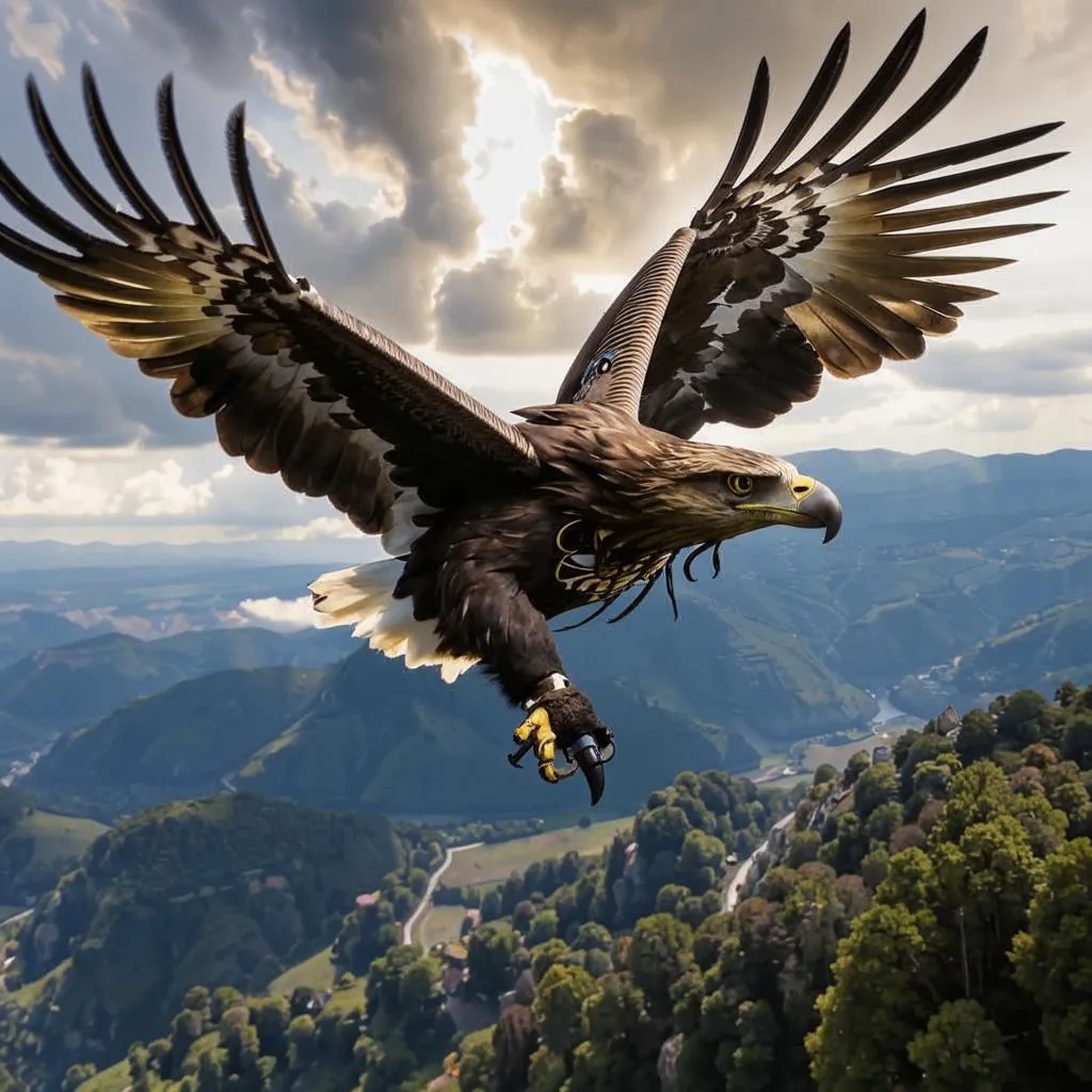 a large bird flying over a lush green hillside