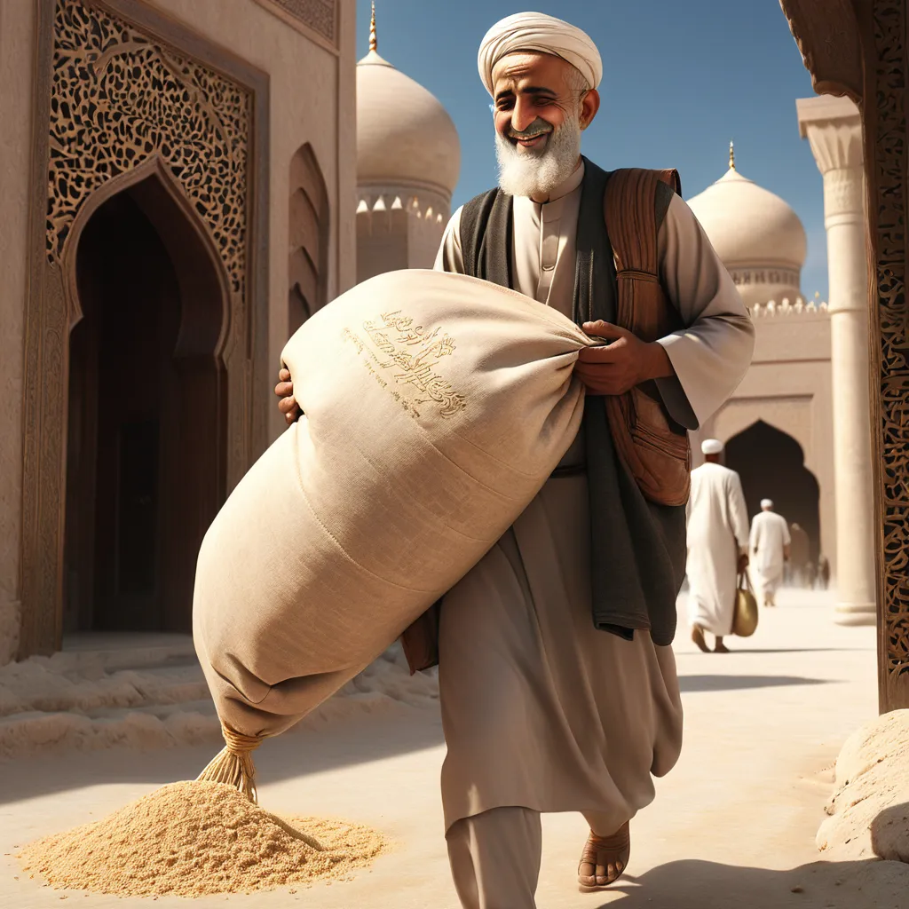 a man carrying a large bag of sand in a courtyard