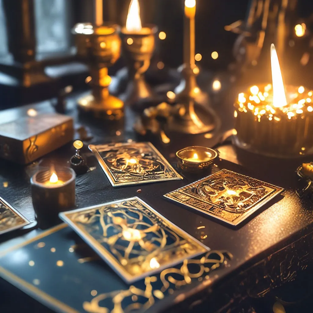 a table topped with cards and candles