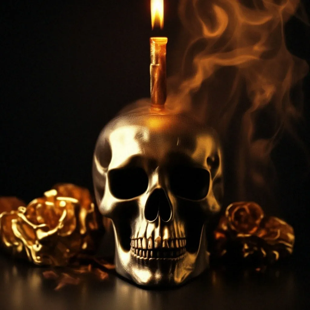 a skull with a lit candle on top of it