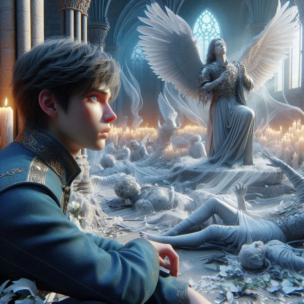 a man sitting in front of a statue of an angel