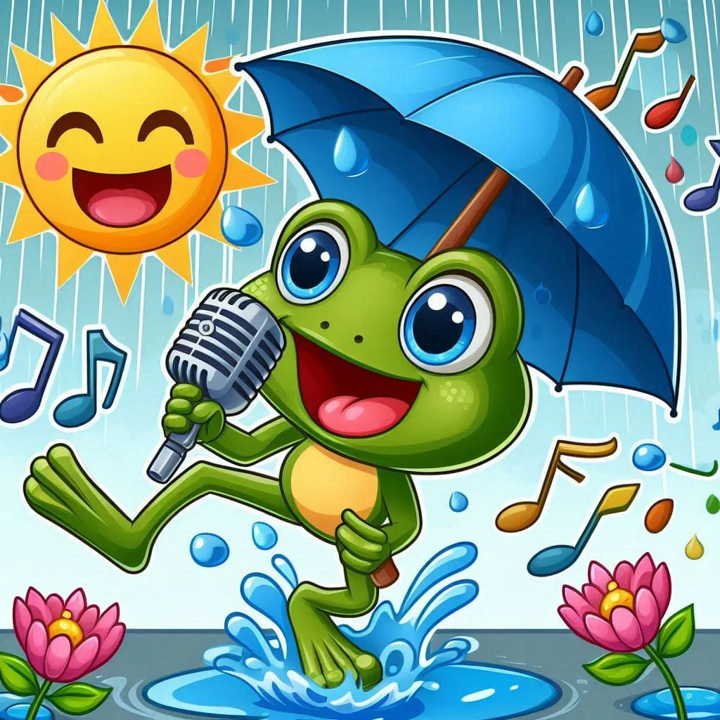 a frog singing into a microphone in the rain