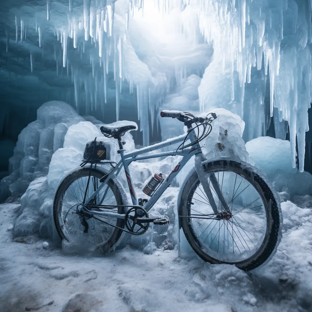 a bicycle is parked in front of an ice cave