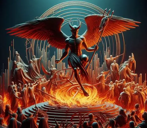 a painting of a demon surrounded by people