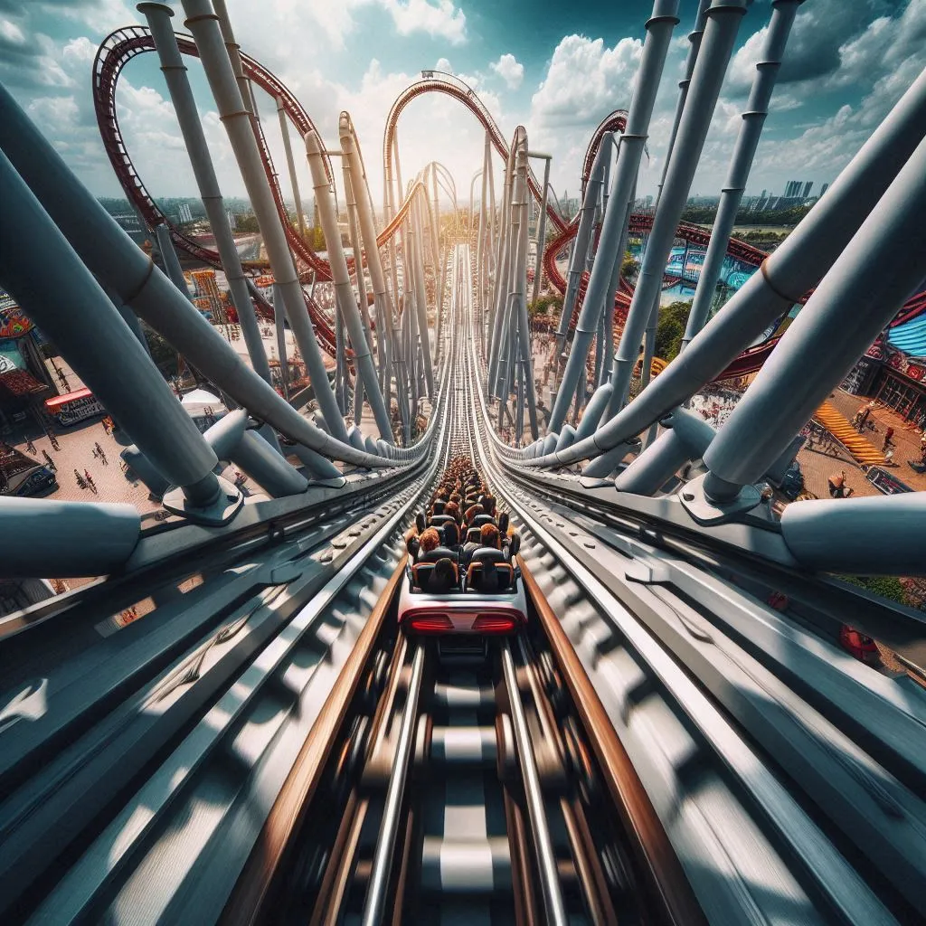 POV shot from a rollercoaster car as it plunges down a steep drop at the amusement park 