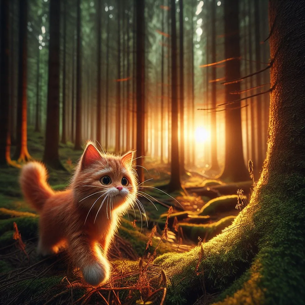 a cat walking through a forest at sunset