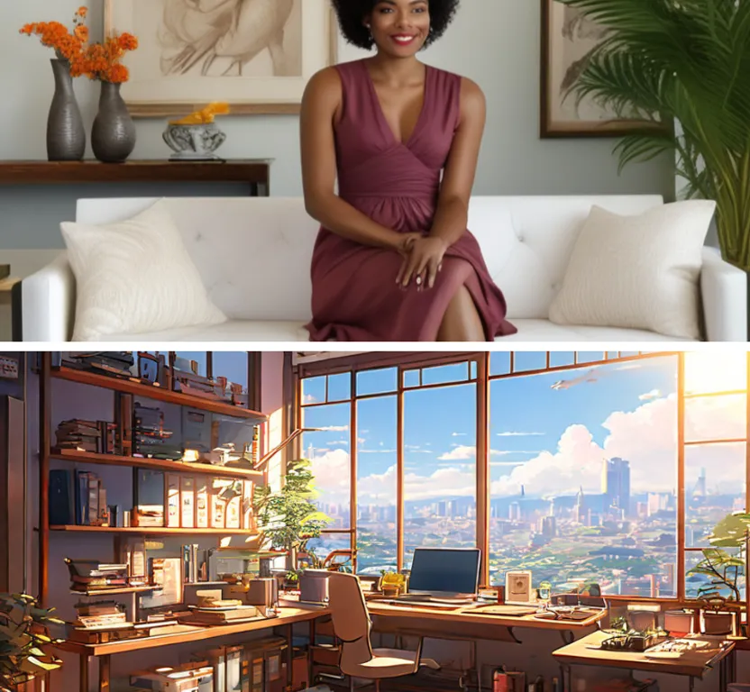 a woman sitting on a couch in front of her interior design office