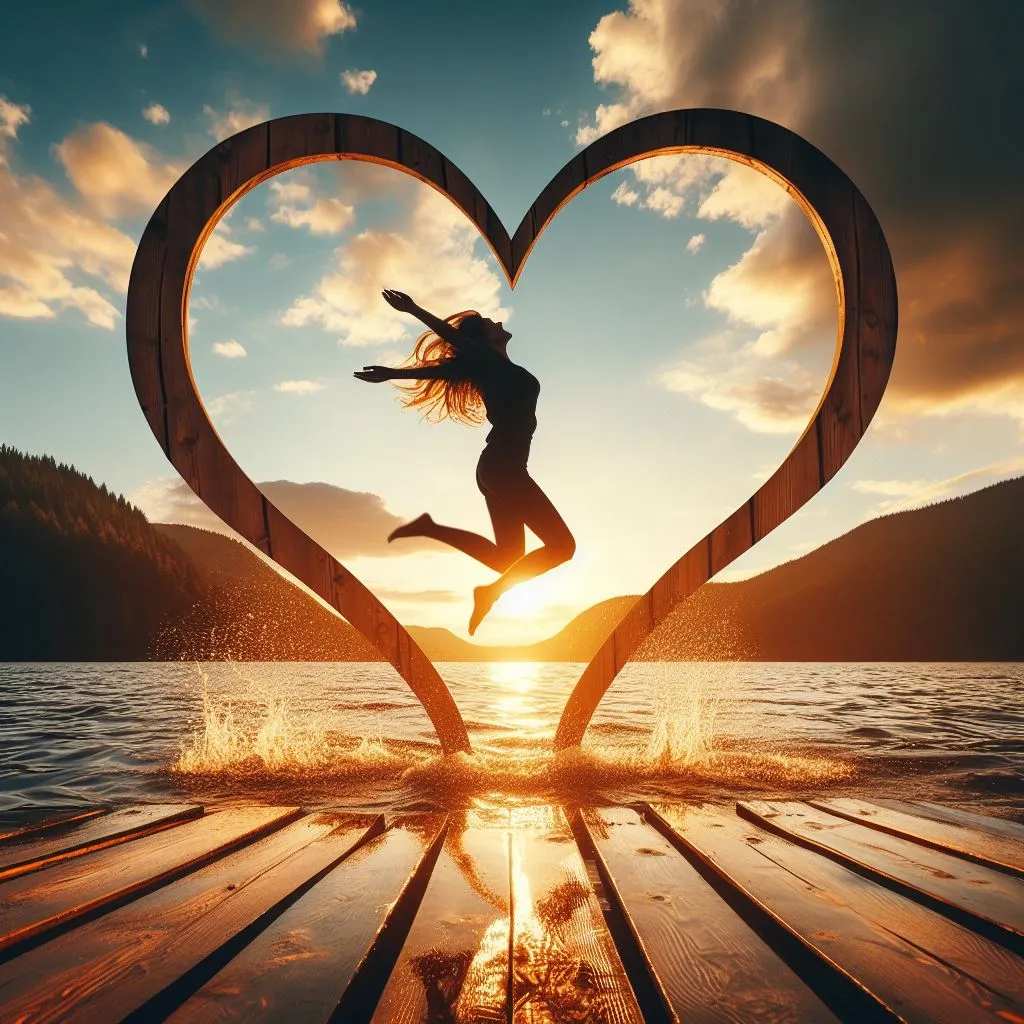 a woman jumping into the air in front of a heart