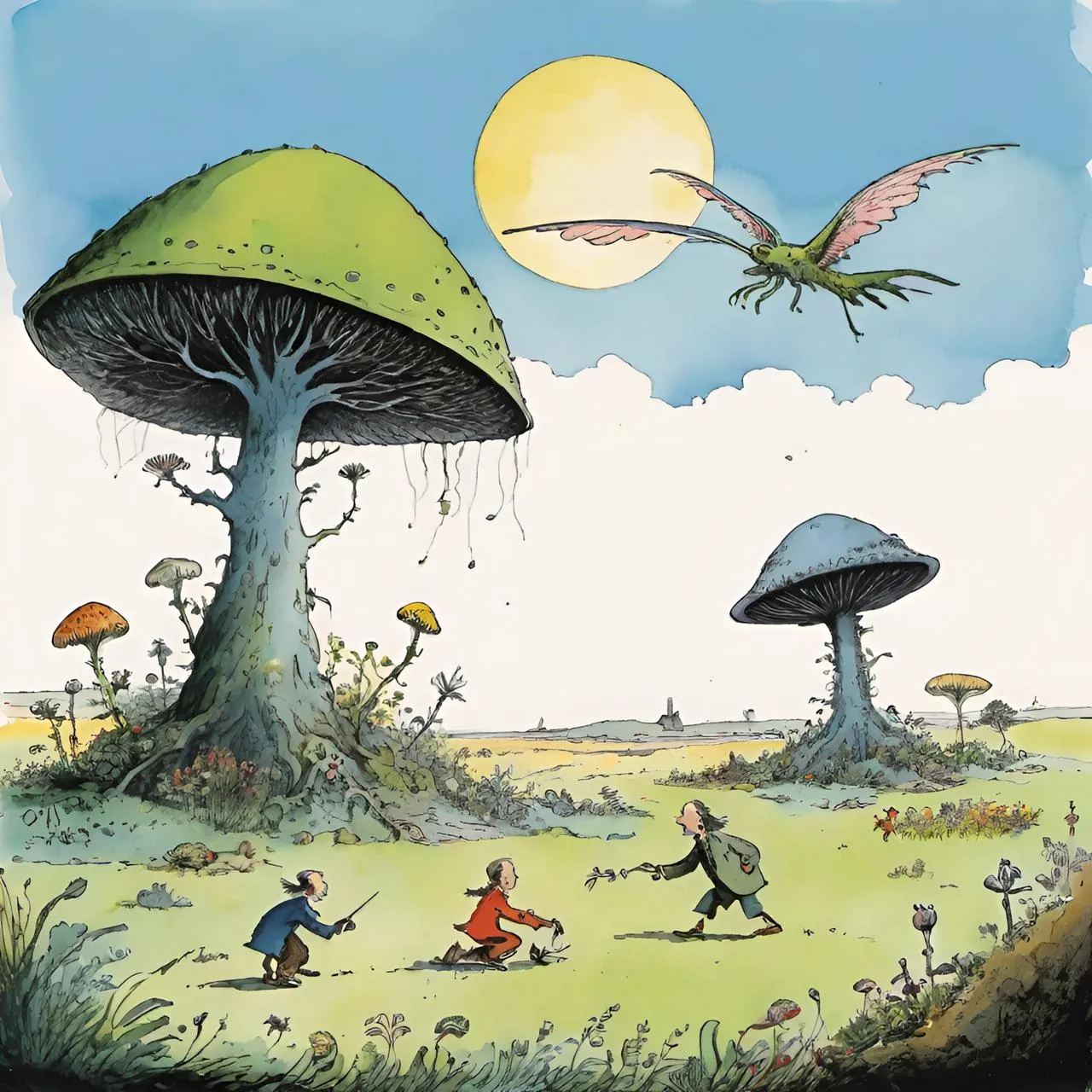 a painting of a group of people in a field with mushrooms