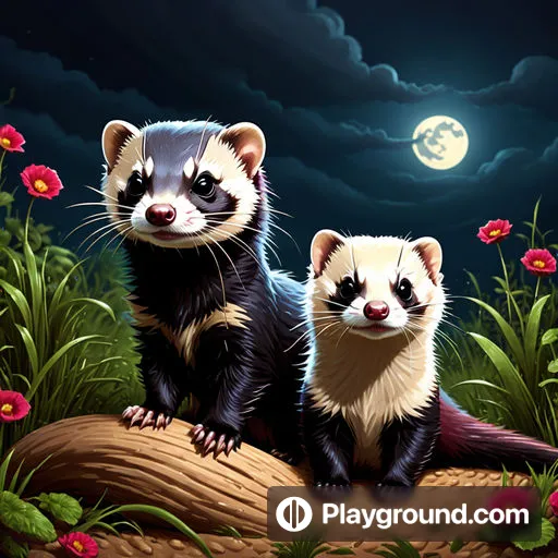 a painting of two ferrets sitting on a log