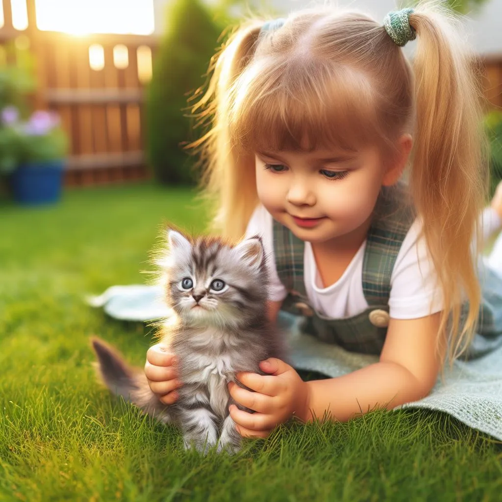 a little girl playing with a kitten on the grass