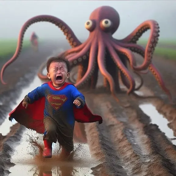 a little superman running away from huge monster octopus