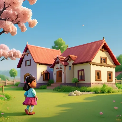 a little girl standing in front of a house