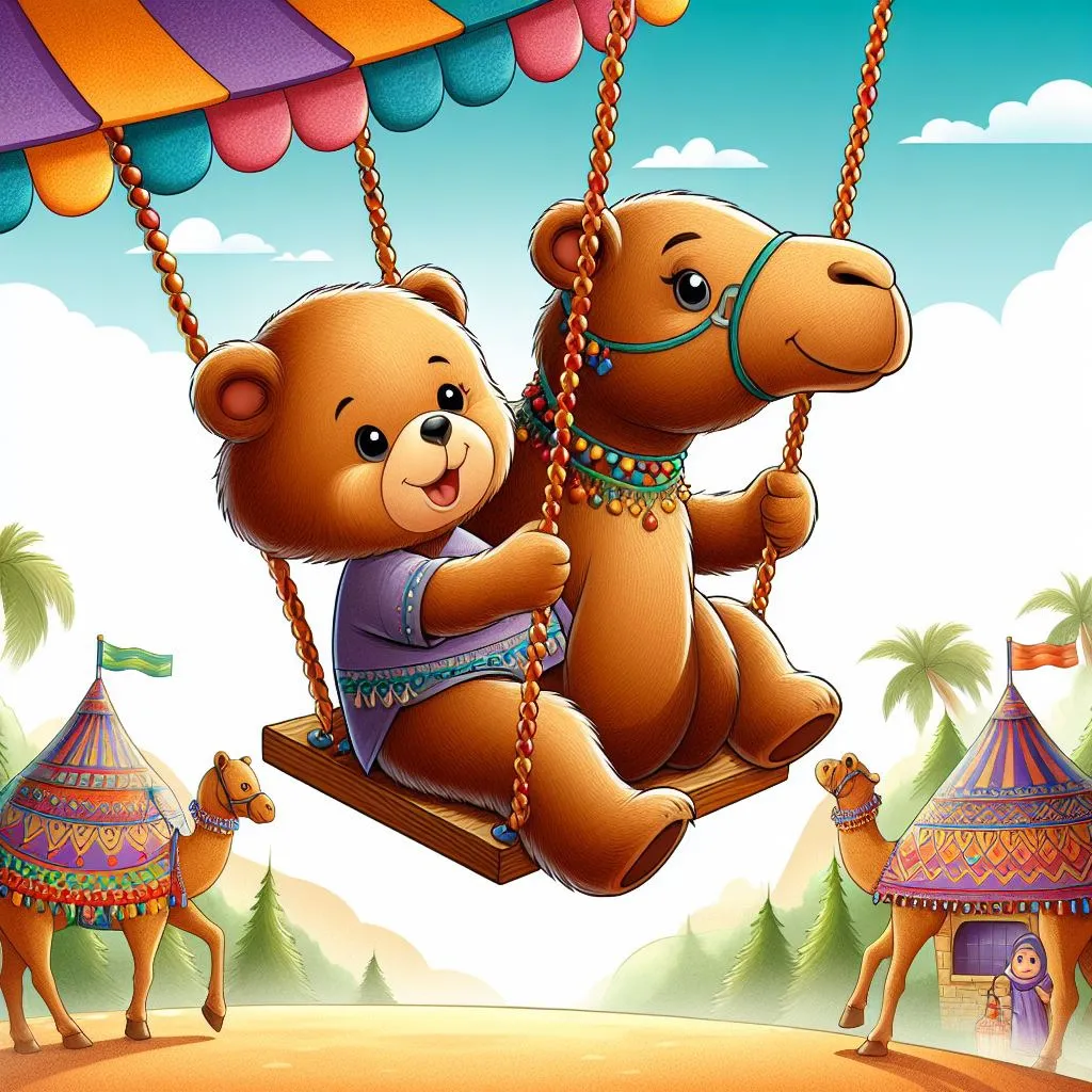 a couple of teddy bears riding on a swing