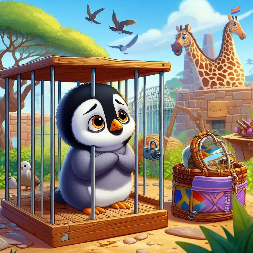 a penguin in a cage with a giraffe in the background