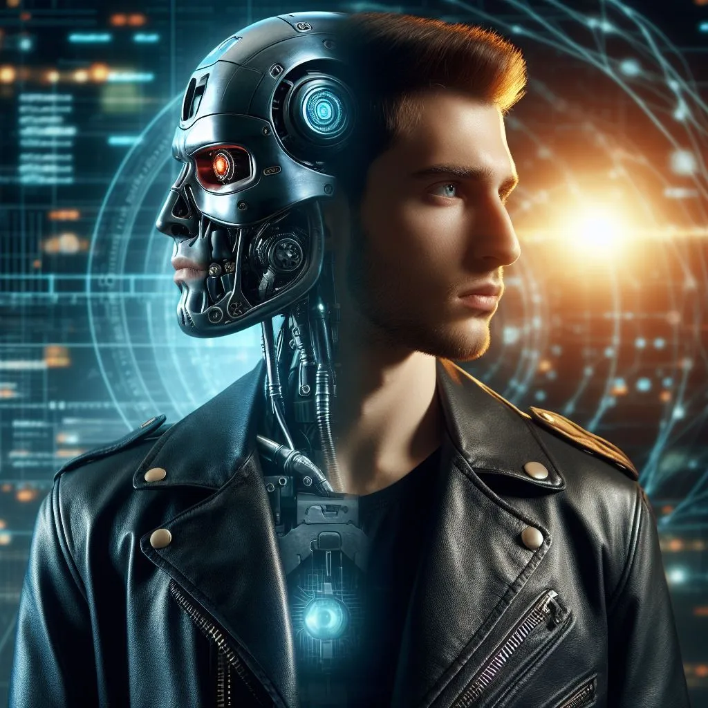 a man in a leather jacket with a robot head