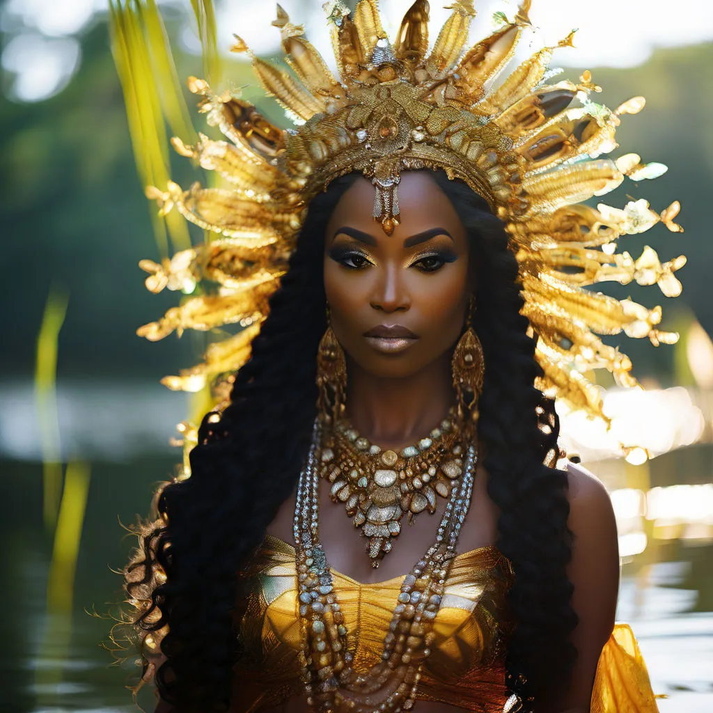 a woman wearing a gold headdress and jewelry