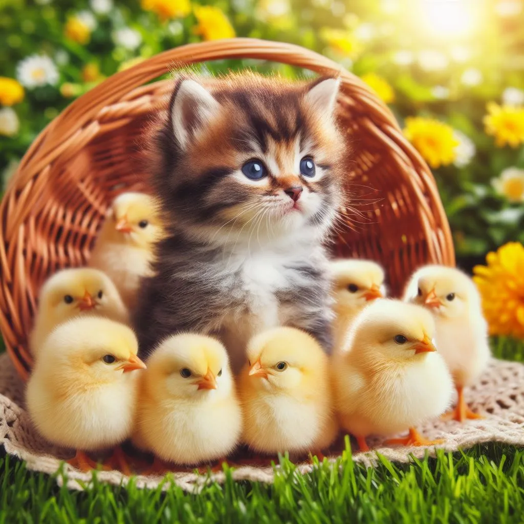 a kitten sitting in front of a group of chicks