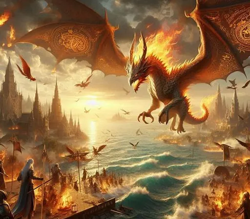 a painting of a dragon flying over a city