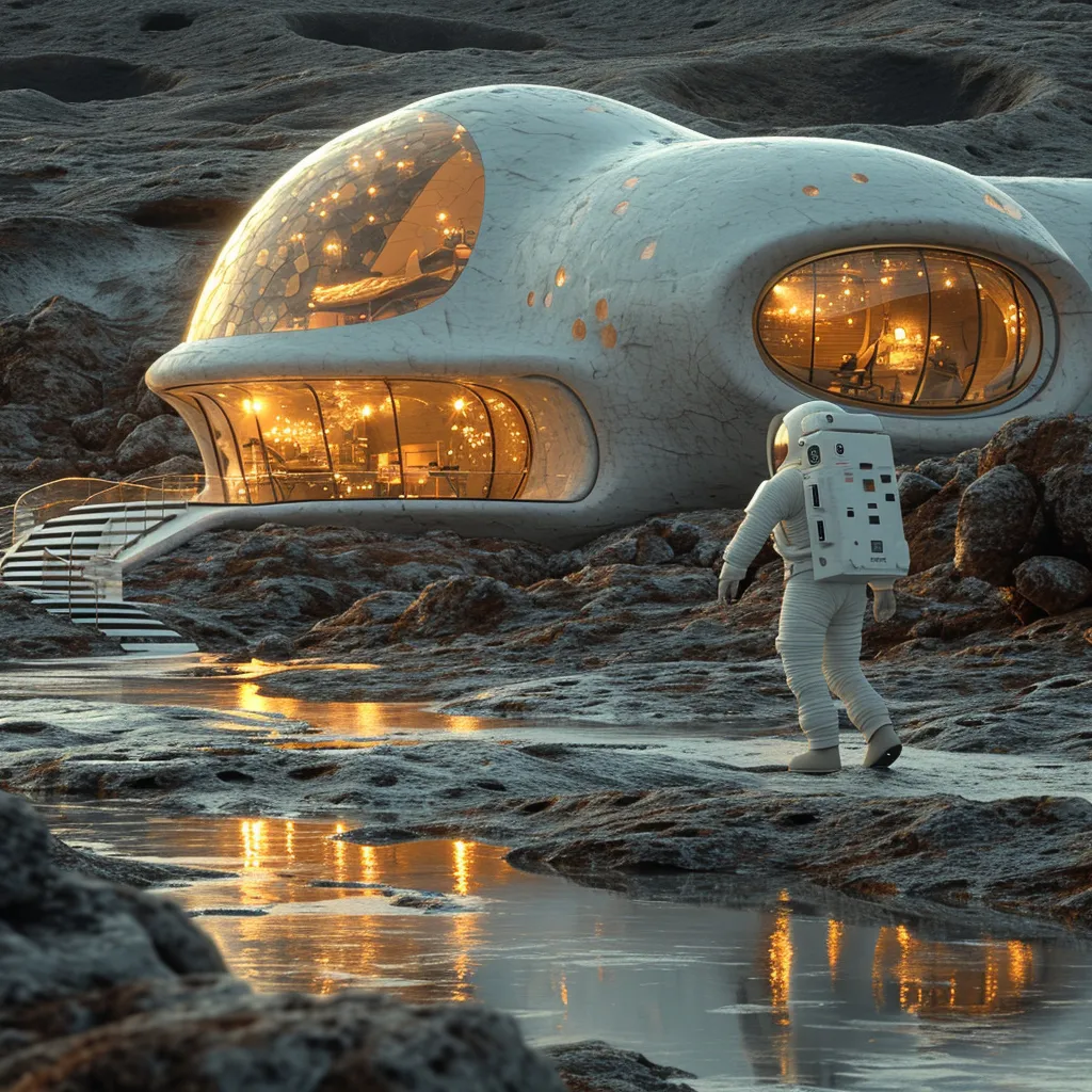 a man in a white space suit standing in front of a building