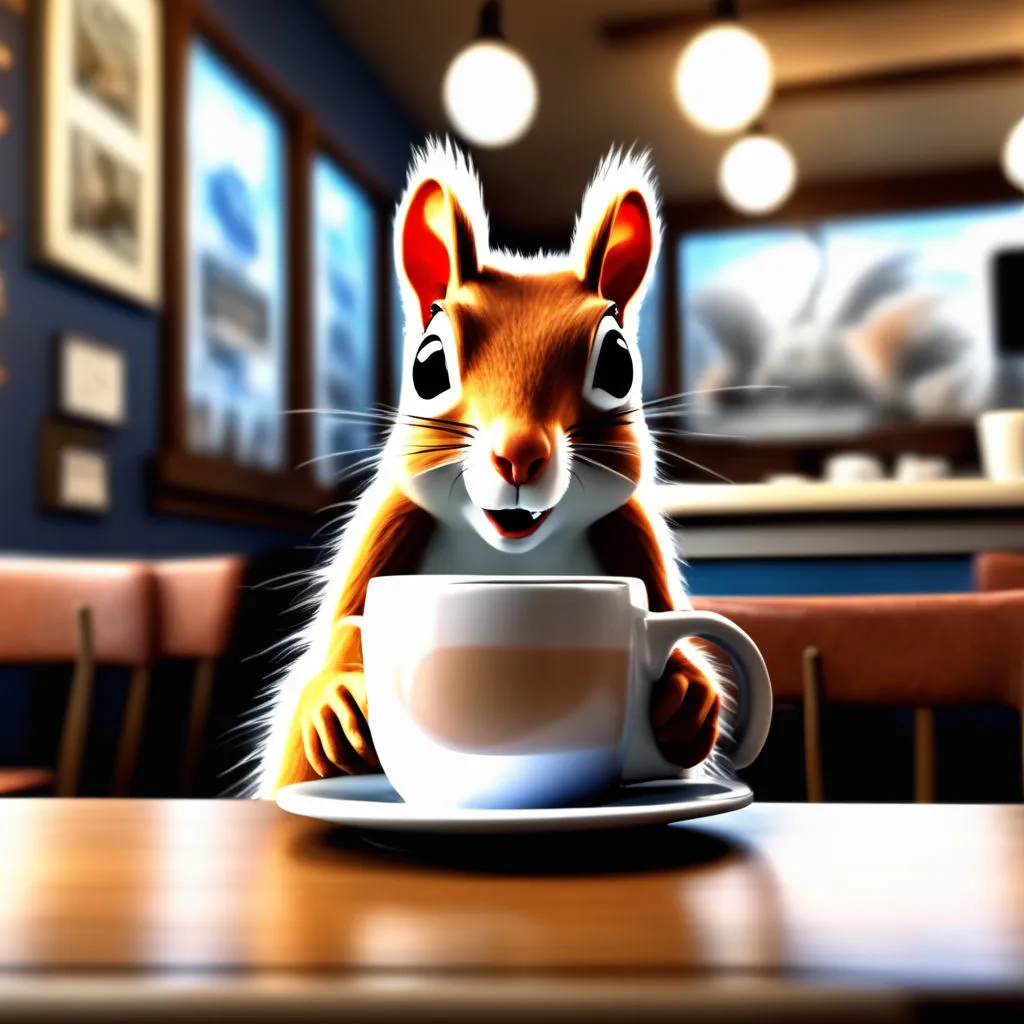 a squirrel is sitting at a table with a cup of coffee