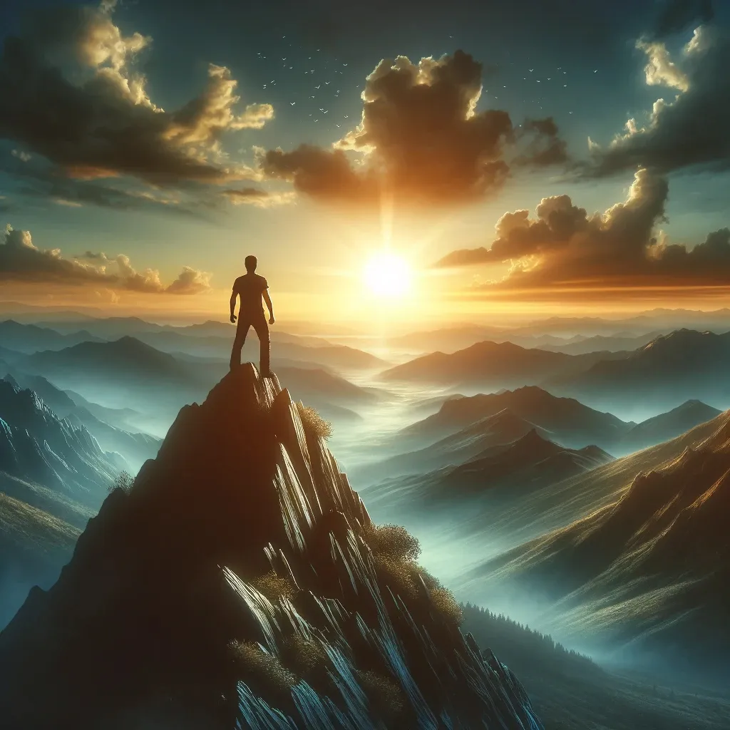 a man standing on top of a mountain at sunset