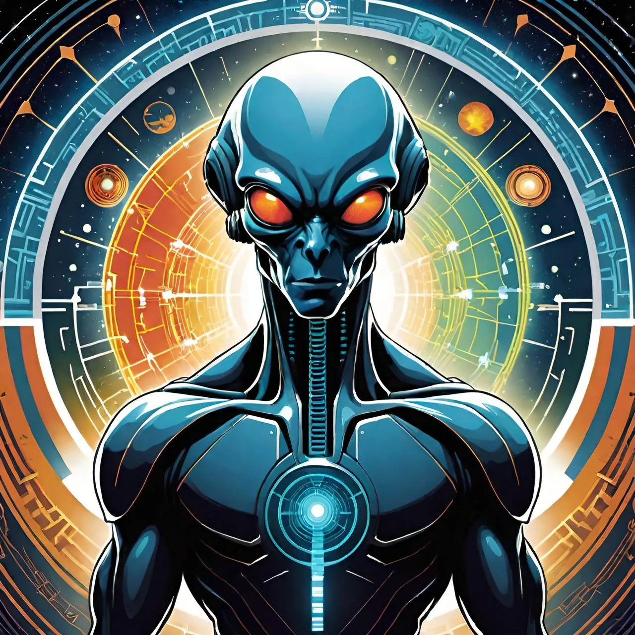 a man in a futuristic suit with red eyes