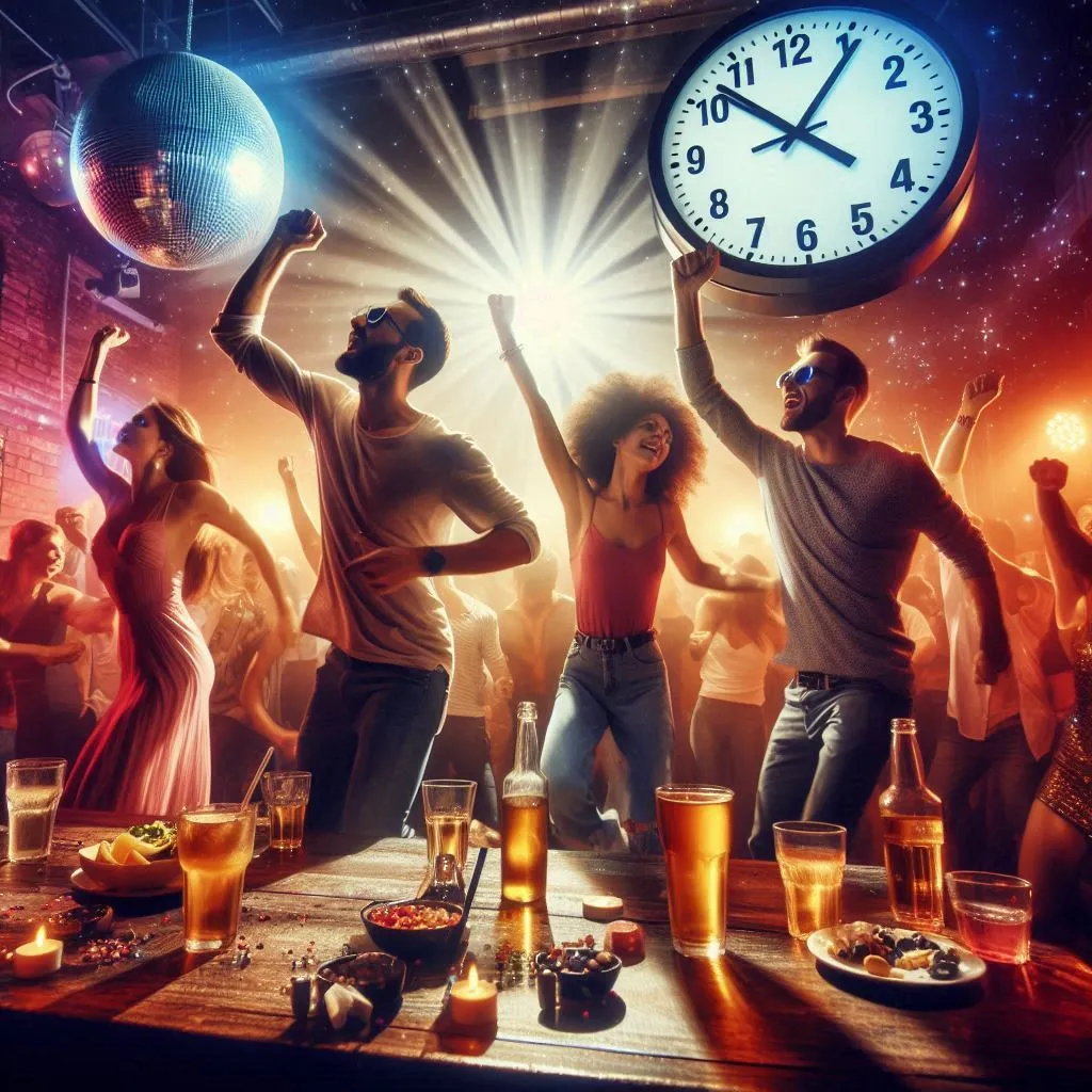 Scene: Midnight shot, everyone dancing tirelessly Characters: Whole club, with focus on the friends Details: Clock showing midnight in the night club, drinks being raised, bodies in constant motion