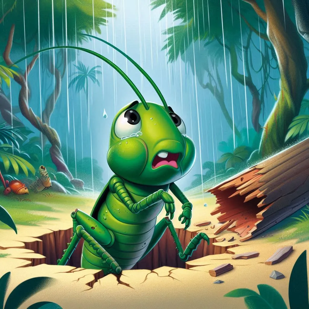 a green bug sitting in the middle of a forest