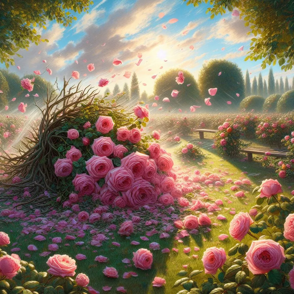 a painting of a field full of pink roses , which fall due to high pressure of air