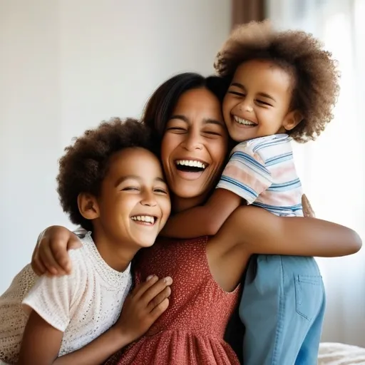 A montage of four children hugging their mother and laughing together, showing moments of joy and unity.