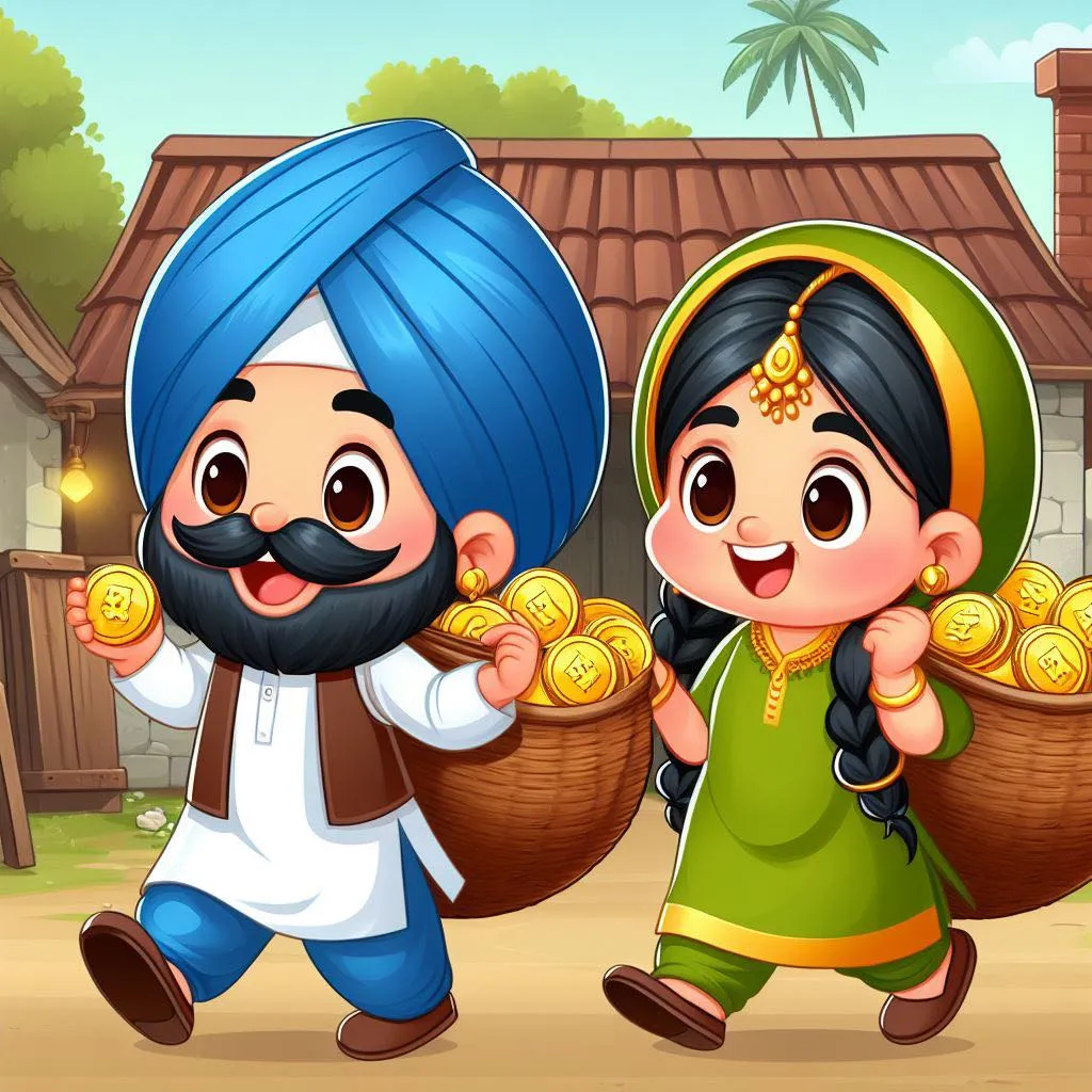 a boy and a girl carrying baskets of gold coins