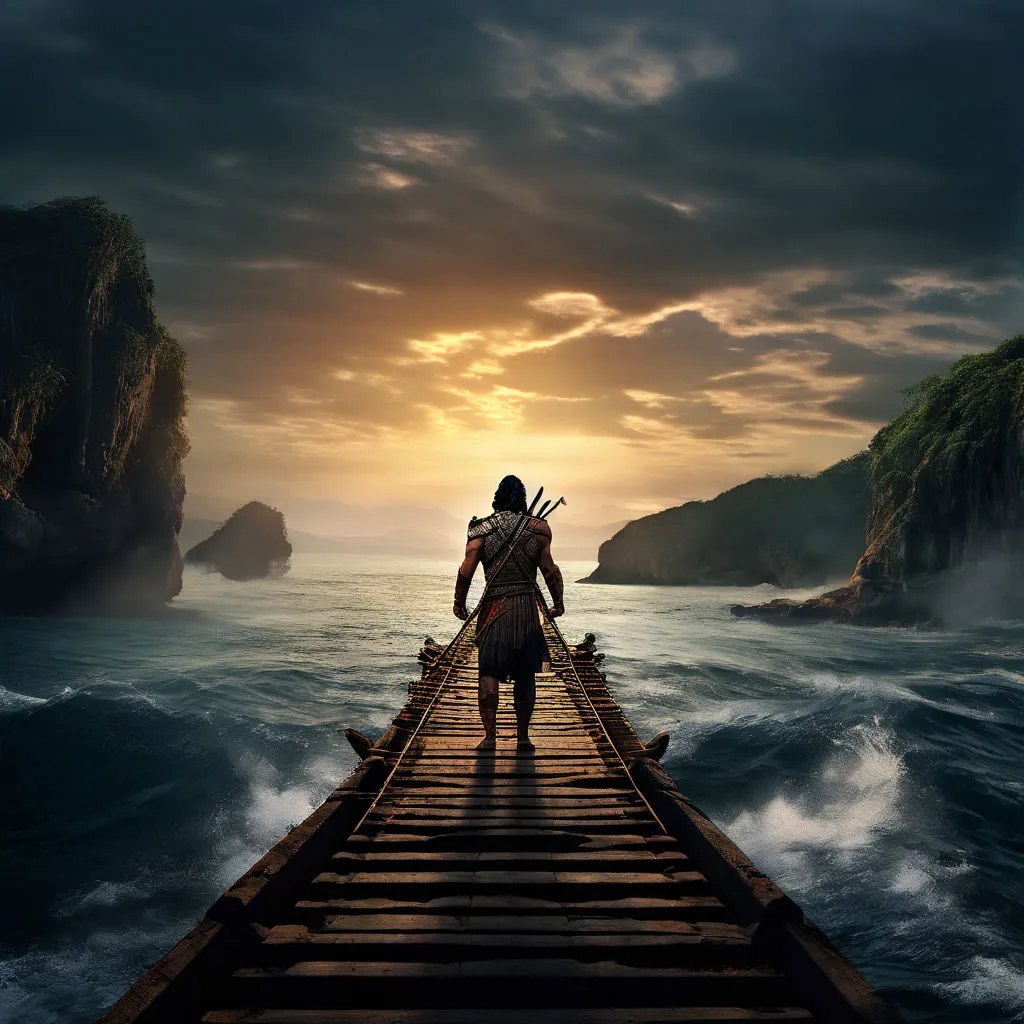 a man standing on a long wooden bridge over a body of water, make the scene moving 