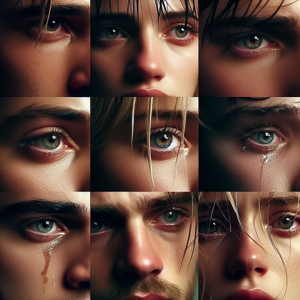 image of a montage of close-up shots capturing the raw emotions of love, longing, and heartbreak reflected in the characters' eyes.