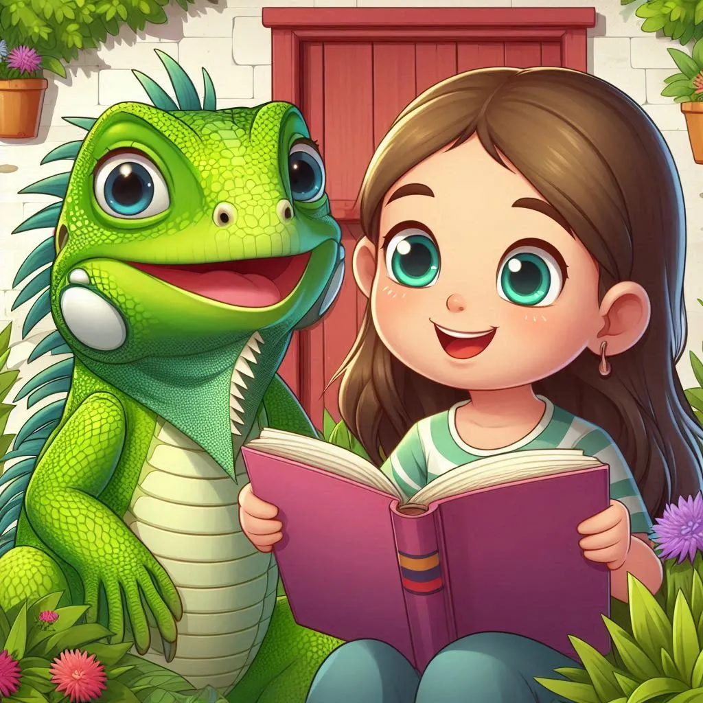 a girl reading a book next to a lizard