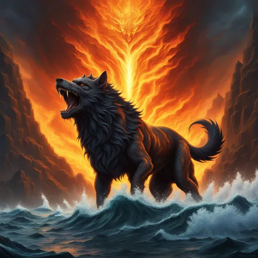 a painting of a wolf standing in a body of water