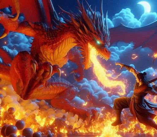 a dragon and a man fighting over a fire