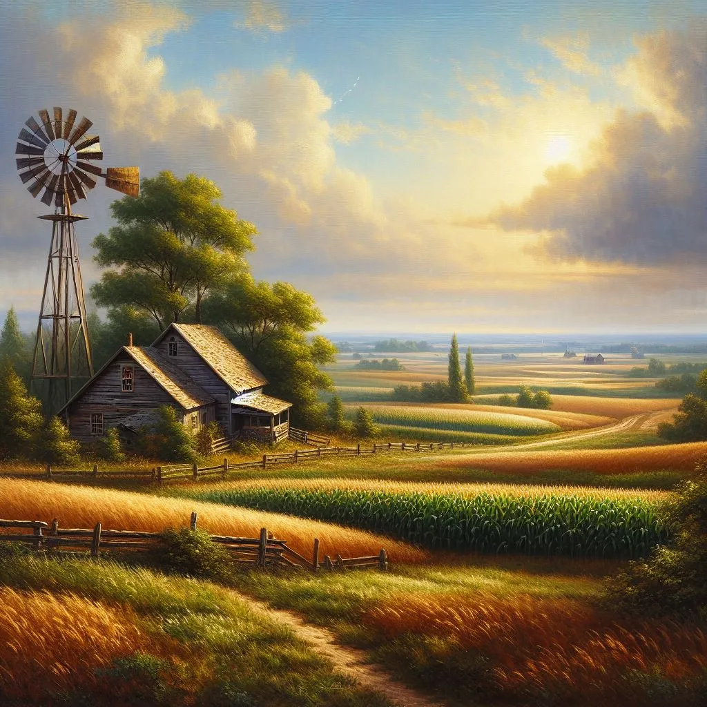 a painting of a farm scene with a windmill in rotating and clouds are moving and paddy field are shaking by the wind 