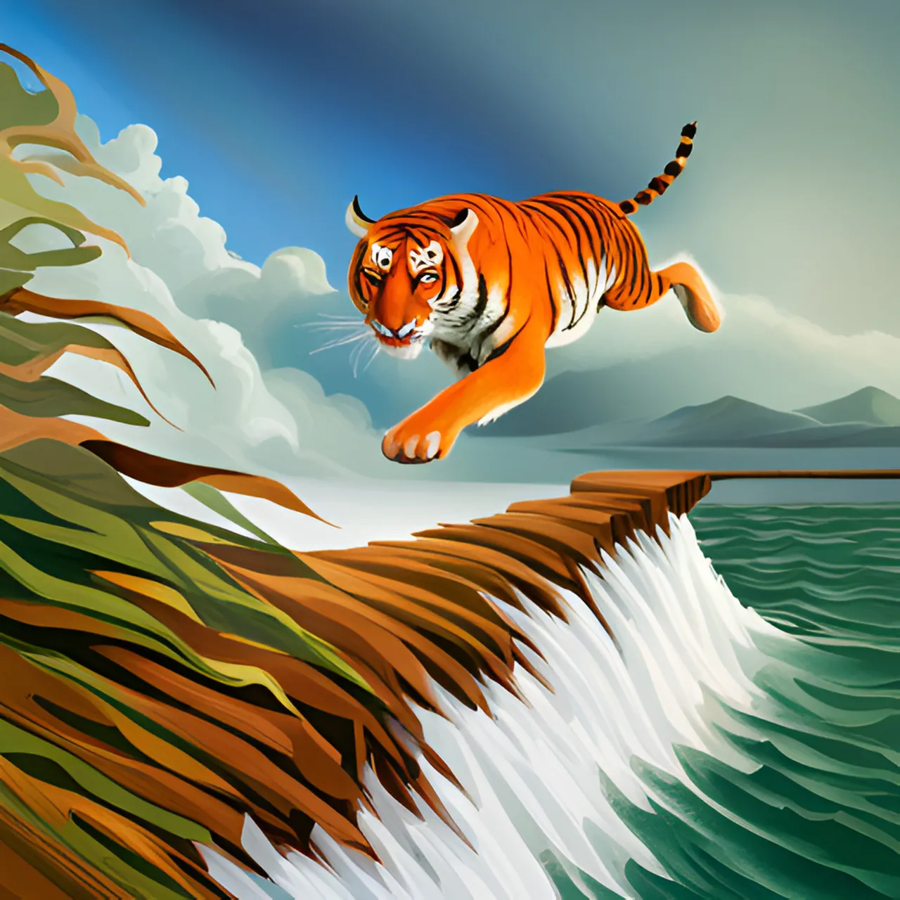 a painting of a tiger jumping over a waterfall