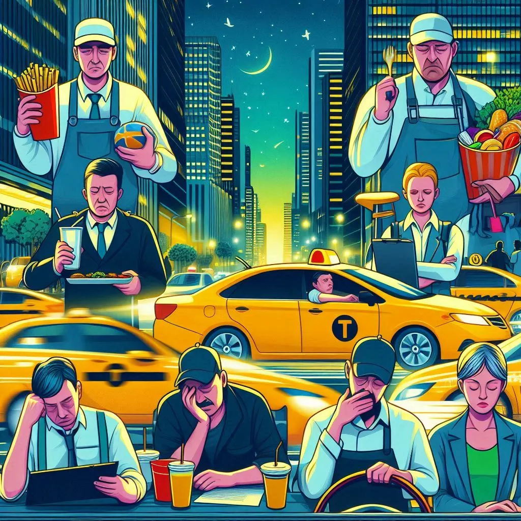 a group of people sitting at a table in front of a yellow taxi