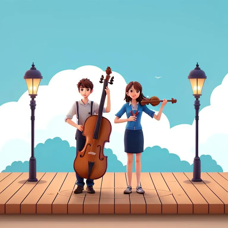 a man and a woman playing violin on a pier